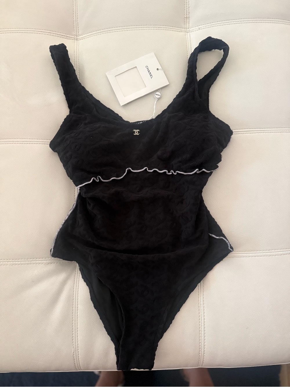 CHANEL Black Textured Ruffle-Trim Bodysuit